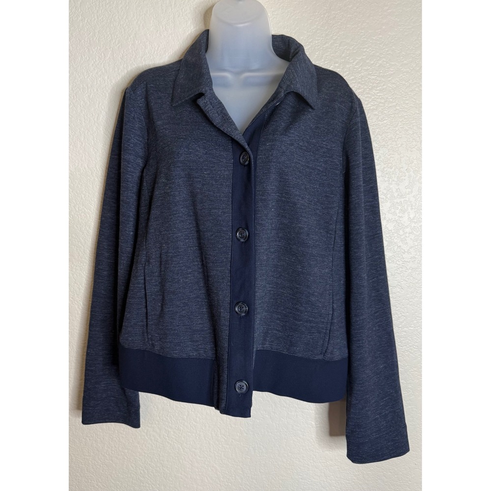 J. Jill Womens L Button Front Jacket Navy Blue Wearever Space Dye Knit Pockets